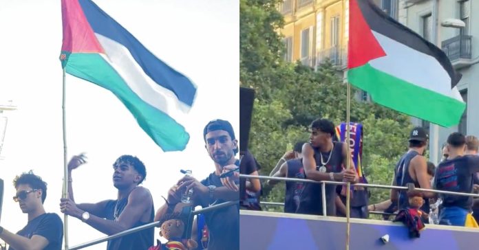 Lamine Yamal brandit un drapeau palestinien lors de la célébration du titre du Barça